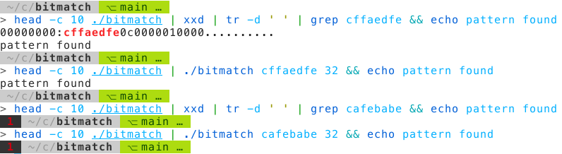 Terminal output of piping the 10 first bytes of the bitmach binary through both bitmatch and xxd to extracts all bits, then grepping for the hexadecimal pattern cffaedfe, which is found. Pattern cafebabe is also searched but it is not found since it is not present in the file.