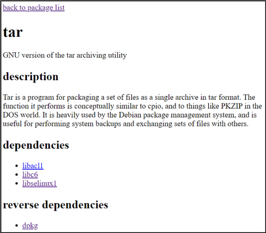 Screenshot of a simple, unstyled HTML list of Debian package names.