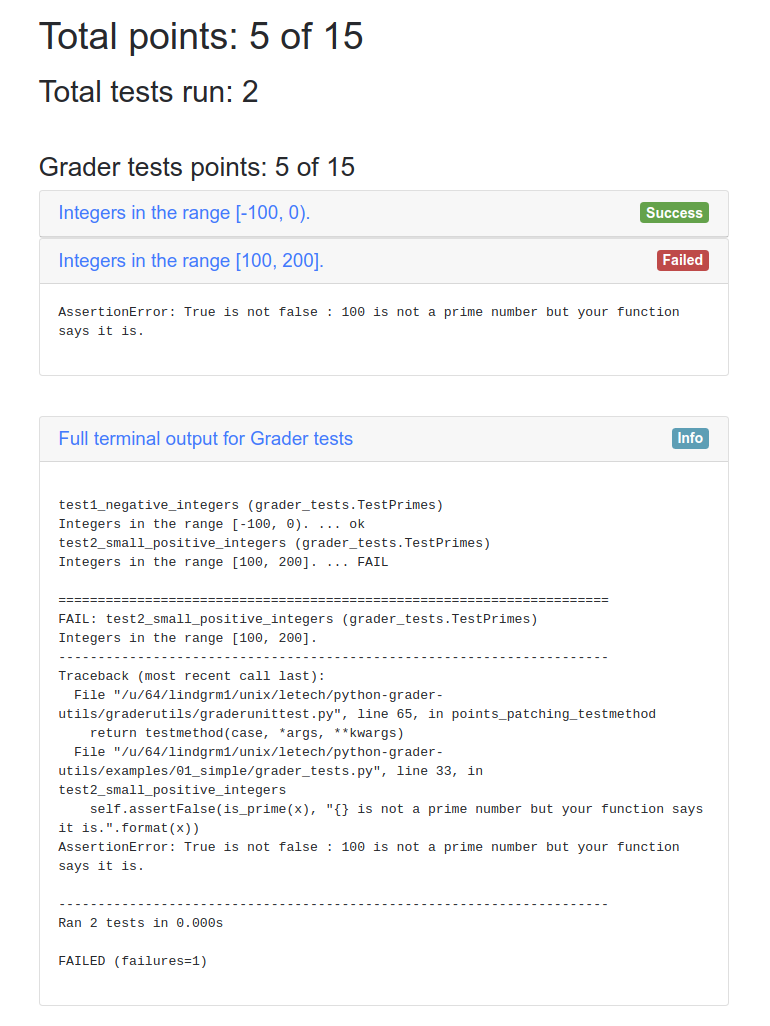 Screenshot of programming task grading results in HTML. The image shows that one test passed and another failed, followed by the full terminal output from Python's unittest package.
